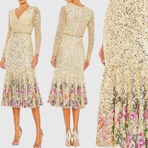 Mac Duggal‎ 5589 Size 12 Long Sleeve Faux Wrap Floral Sequined Tea Length Dress